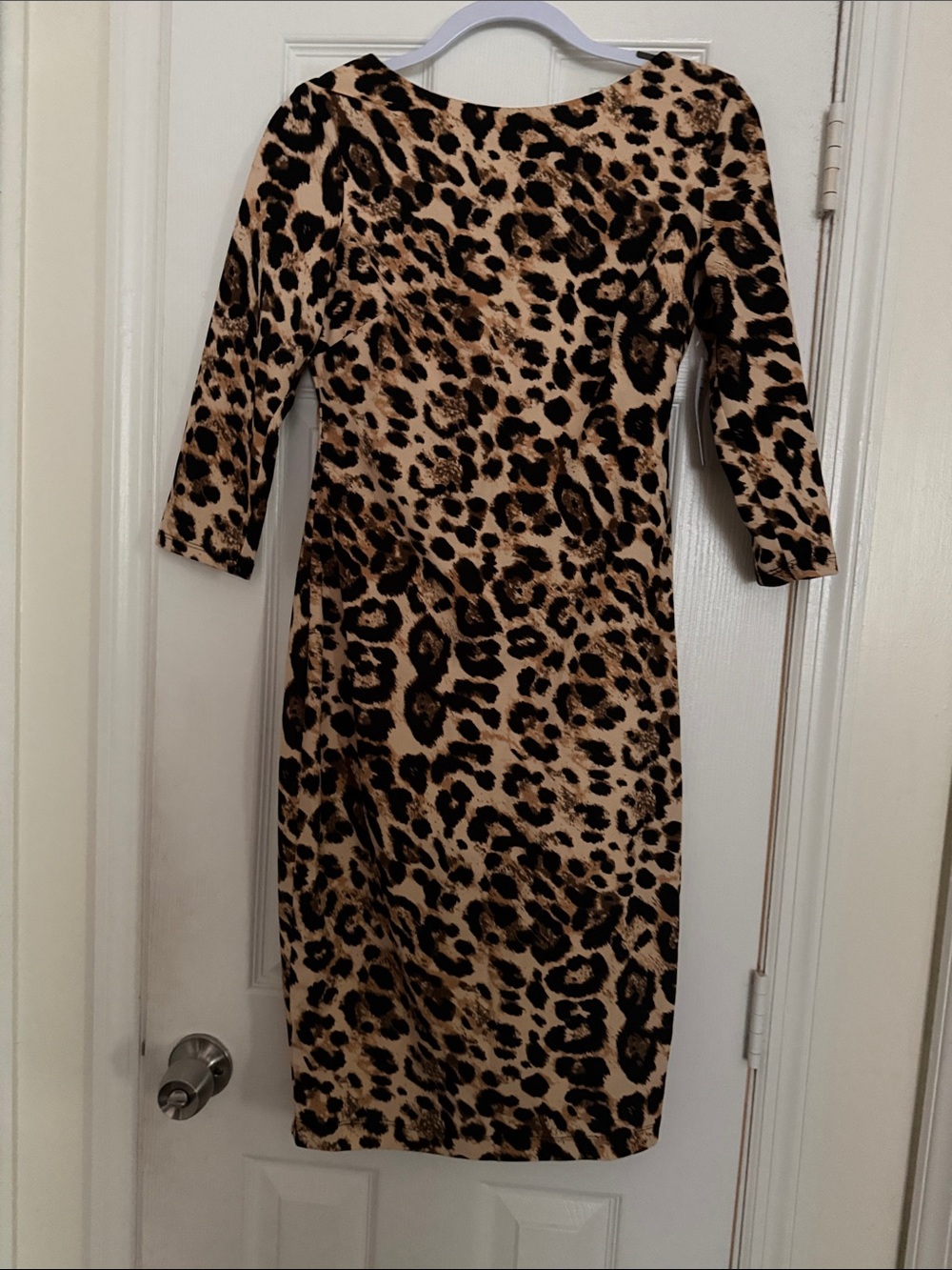 Leopard Print Midi Sheath Dress in Tan and Black